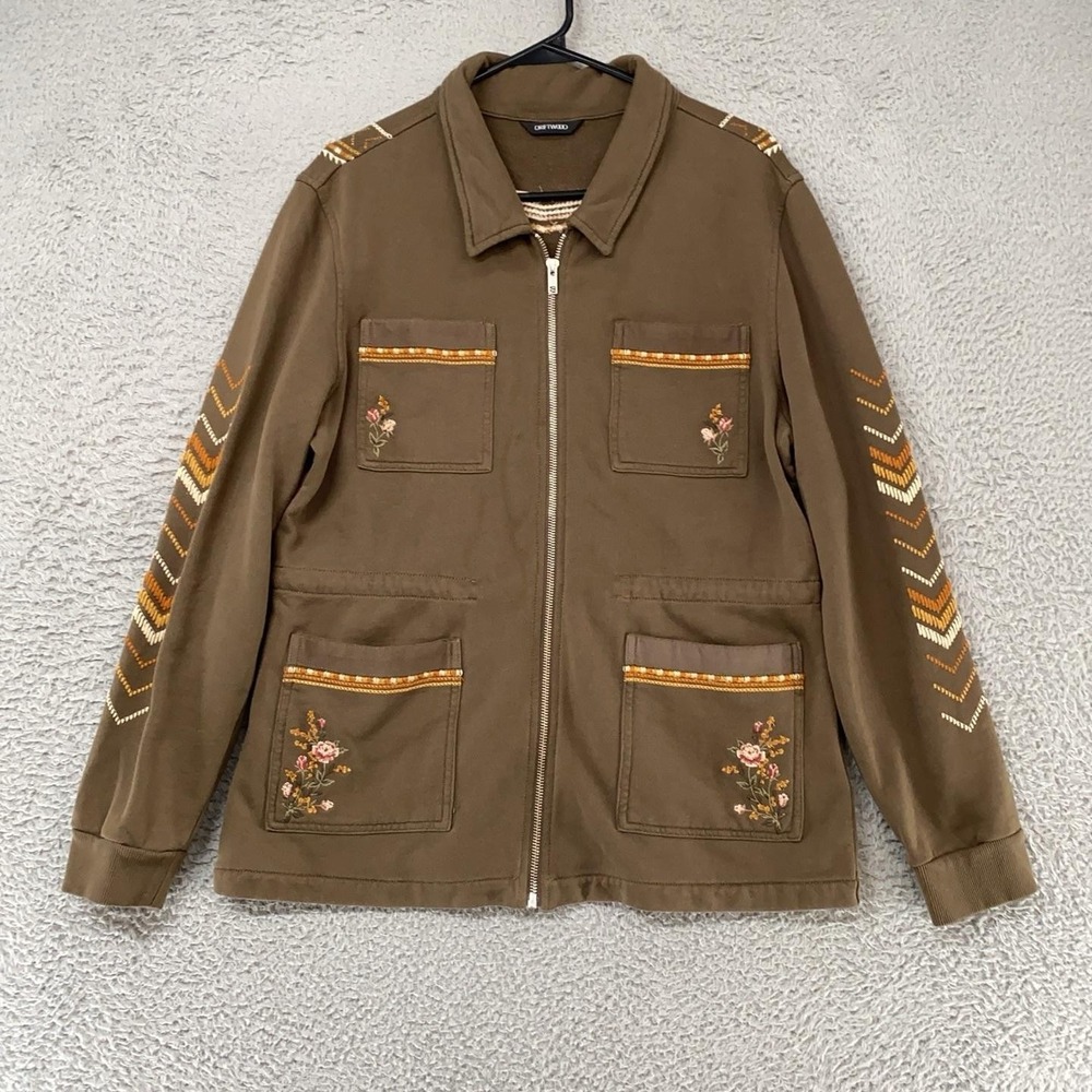 Driftwood Lara Jacket Womens XL Brown Embroidered Floral Military Boho Utility - Picture 2 of 14